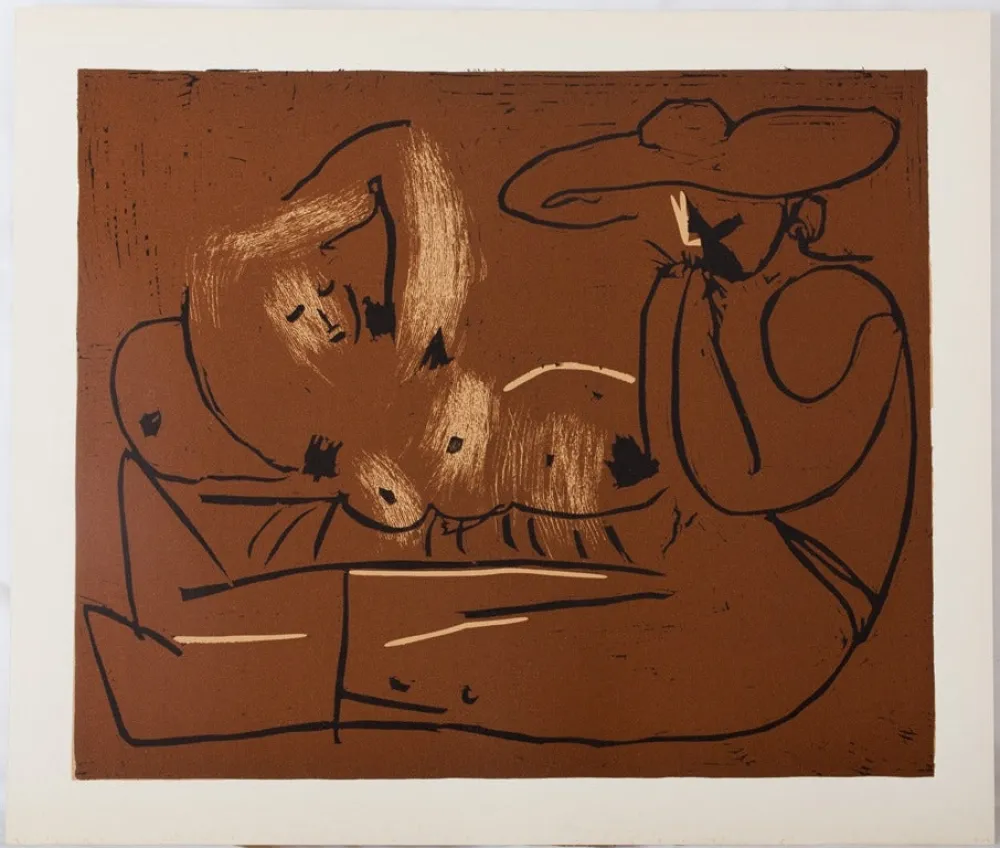 Linograbado Picasso - Nu couché et guitariste au chapeau