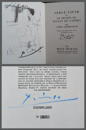 Libro Ilustrado Picasso - Pablo Picasso and Serge Lifar  - Le destin du ballet d'opera by Andre Schaikevitch -  Hand-Signed by Picasso, 1971