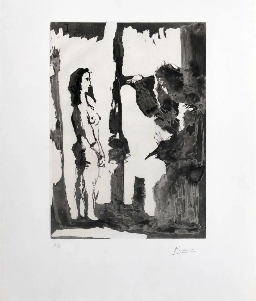 Aguafuerte Y Aguatinta Picasso - Peintre et modèle aux cheveux longs