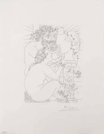Grabado Picasso - Sculpteur Avec Son Modele, Sa Sculpture Et Un Bol D'Anemones (Sculptor with His Model, His Sculpture, and a Bowl of Anemones) from the Vollard Suite