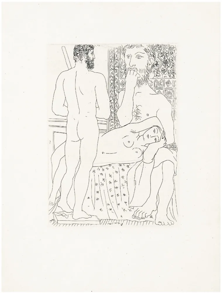 Aguafuerte Picasso - Sculpteur, modèle couché et sculpture (Suite Vollard, pl. 37) - 1933