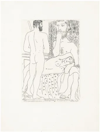 Aguafuerte Picasso - Sculpteur, modèle couché et sculpture (Suite Vollard, pl. 37) - 1933