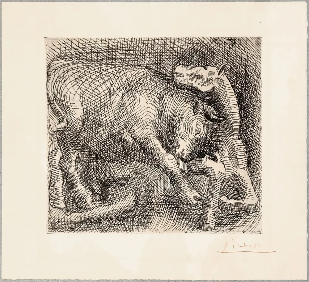 Aguafuerte Picasso - TAUREAU ATTAQUANT UN CHEVAL. Eau-forte originale signée en rouge (1921)