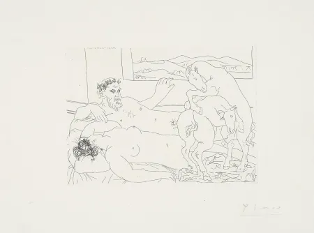 Aguafuerte Picasso - ‚Vieux sculpteur avec femme, cheval luttant‘ La Suite Vollard