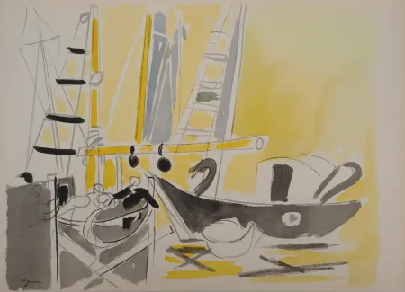 Litografía Pignon - Belgique, bateaux à Ostende