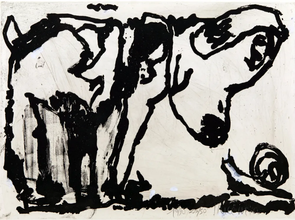 Aguatinta Pincemin - Le chien et l’escargot. Épreuve rehaussée à la gouache (1990)