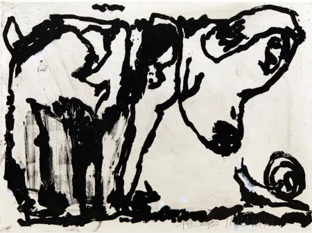 Aguatinta Pincemin - Le chien et l’escargot. Épreuve rehaussée à la gouache (1990)