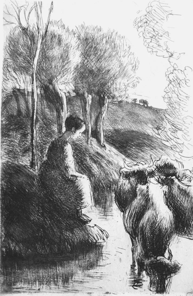 Aguafuerte Pissarro - Vachère au bord de l'eau