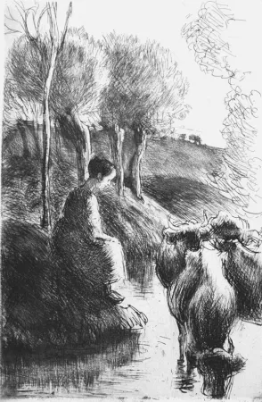 Aguafuerte Pissarro - Vachère au bord de l'eau
