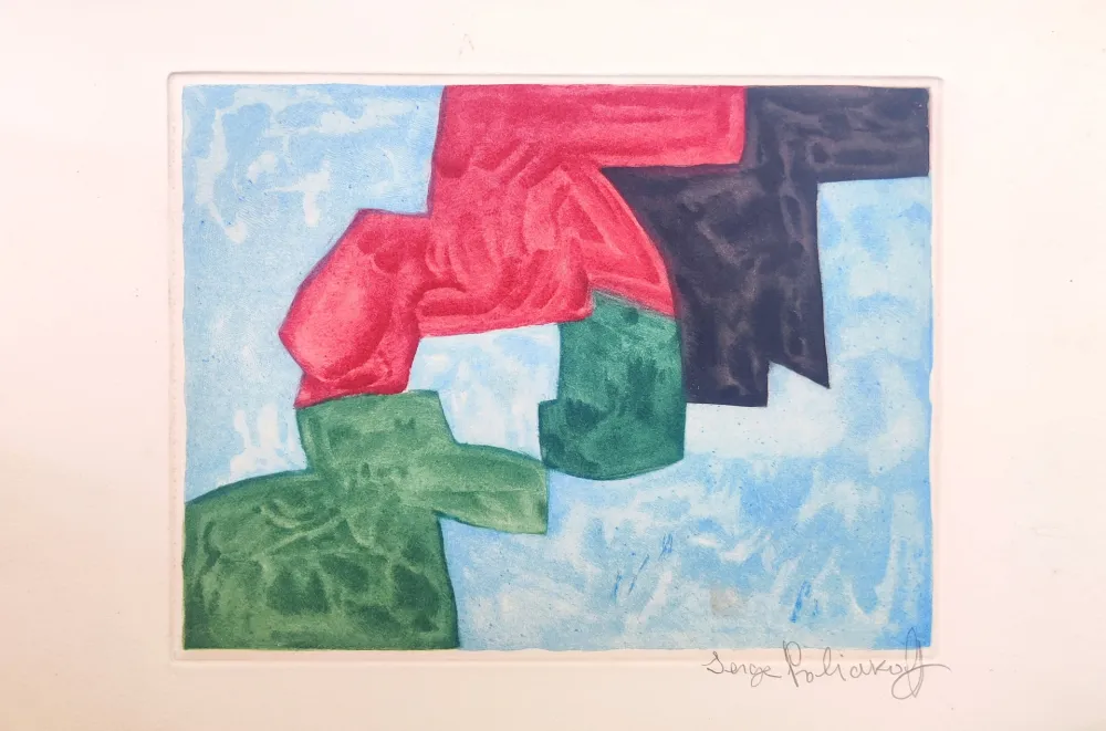 Aguatinta Poliakoff - Composition Bleu, Noire, Rouge et Verte XVIII 