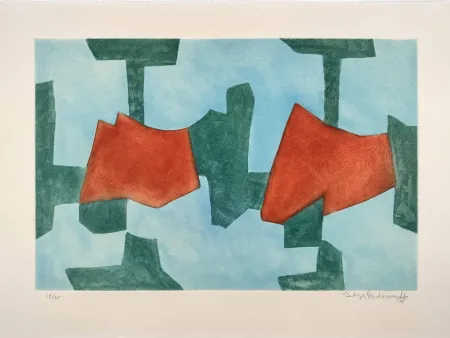 Aguatinta Poliakoff - Composition bleue, verte et rouge XXXIV 