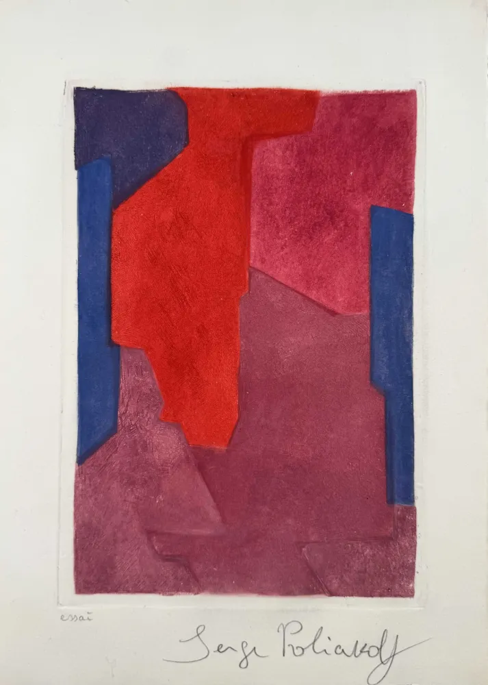 Aguafuerte Y Aguatinta Poliakoff - Composition mauve, bleue et rouge XXI 
