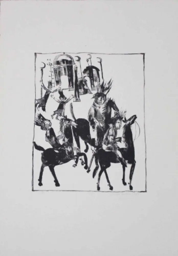 Litografía Pyroth - Adschîb, Gharîb und Kâsim machen sich auf den Weg