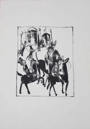 Litografía Pyroth - Adschîb, Gharîb und Kâsim machen sich auf den Weg