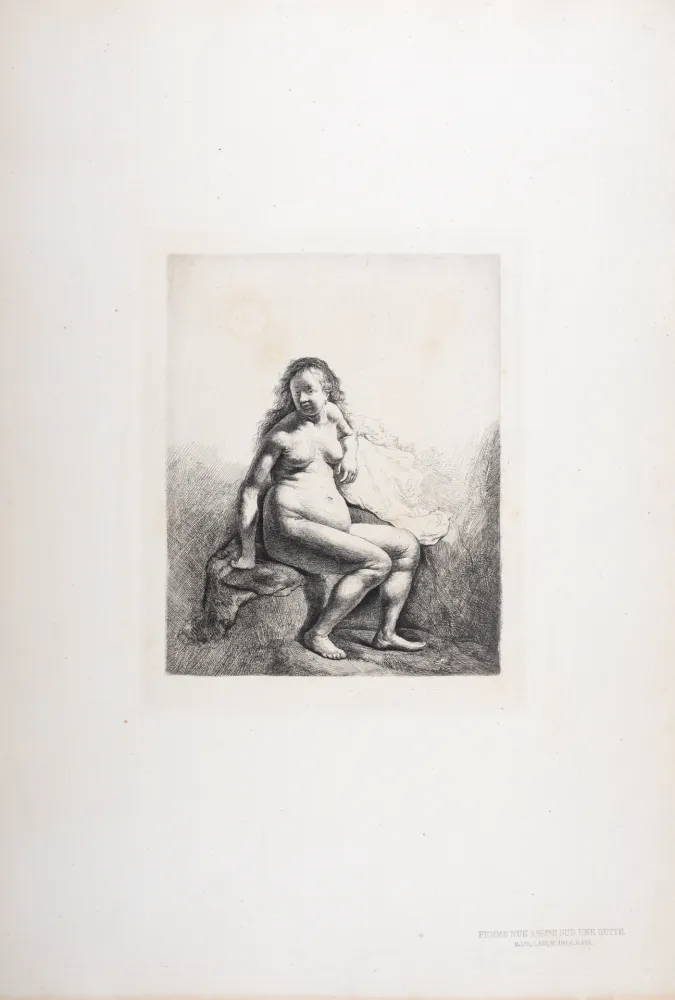 Heliograbado Rembrandt - Femme nue assise sur une butte