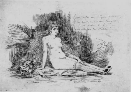 Aguafuerte Rops - La petite femme a la fourrure assise