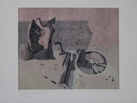 Linograbado Rössing - Fahrrad im Schnee (Der Sphinx im Belvedere)