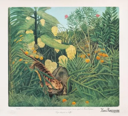 Litografía Rousseau - Tigre atacando a un búfalo