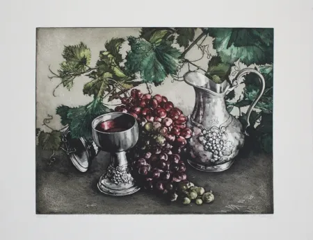 Aguafuerte Y Aguatinta Rusch - Stilleben mit Wein / Still Life with Wine