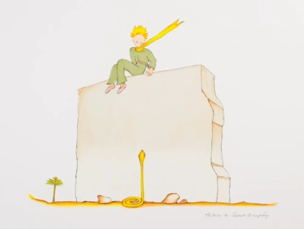 Litografía Saint-Exupéry - Le Petit Prince et le serpent au pied du mur