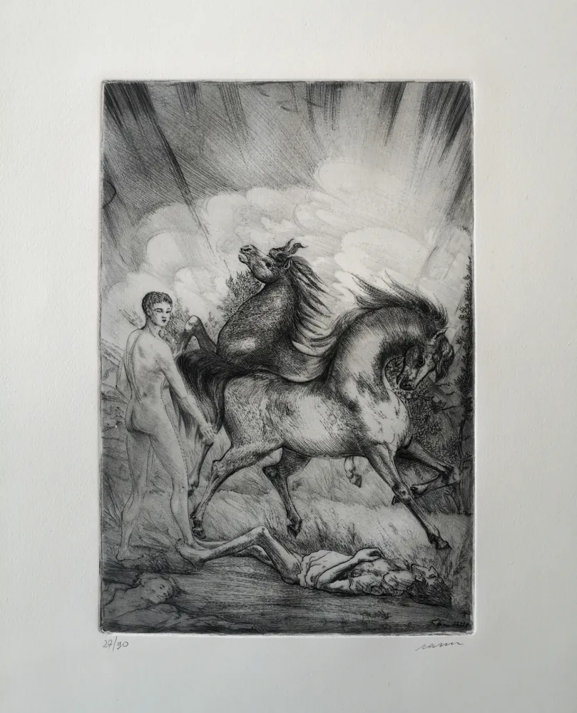 Aguafuerte Sassu - Le cavalle ucraine sconvolgono la terra senza pietà.