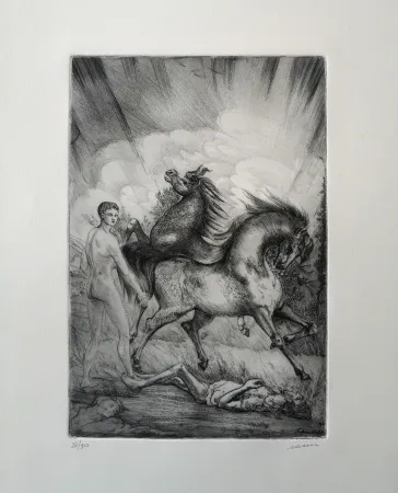 Aguafuerte Sassu - Le cavalle ucraine sconvolgono la terra senza pietà.