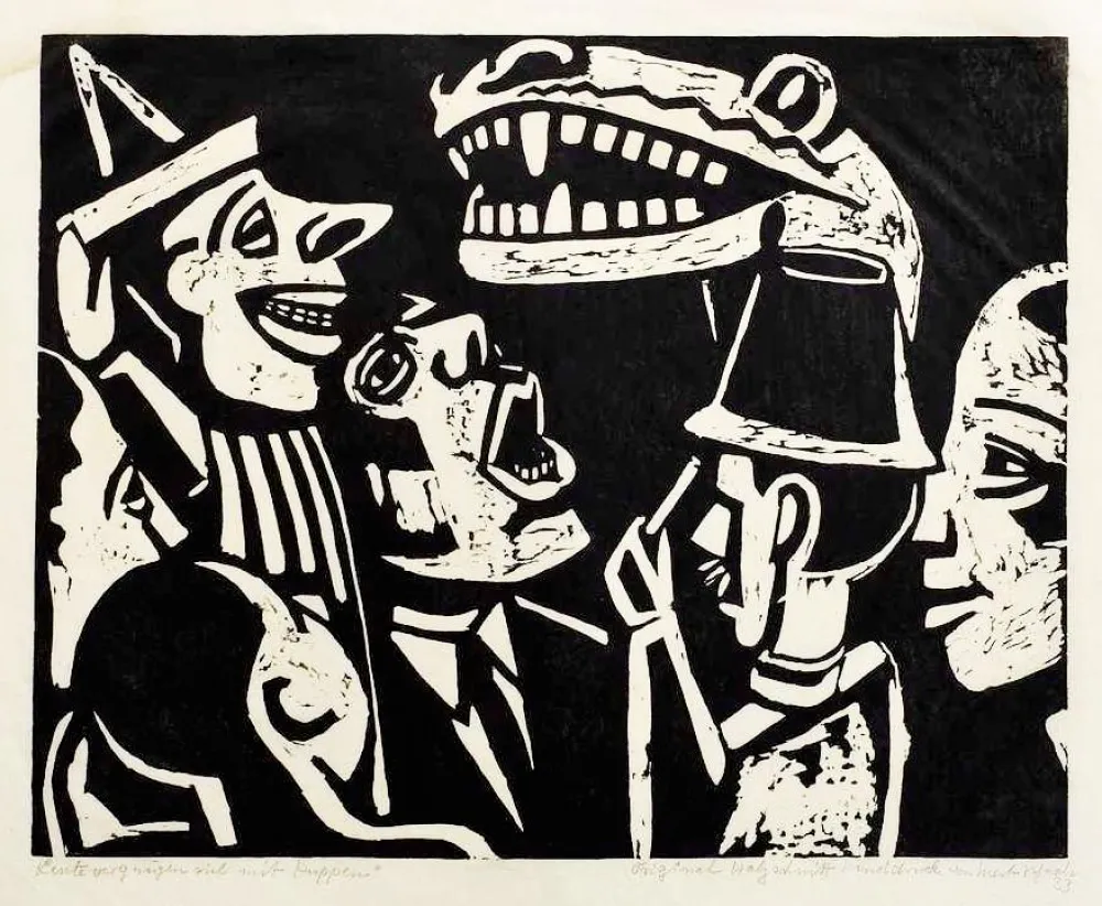 Grabado En Madera Scheele - Leute vergnügen sich mit Puppen (People having fun with puppets)