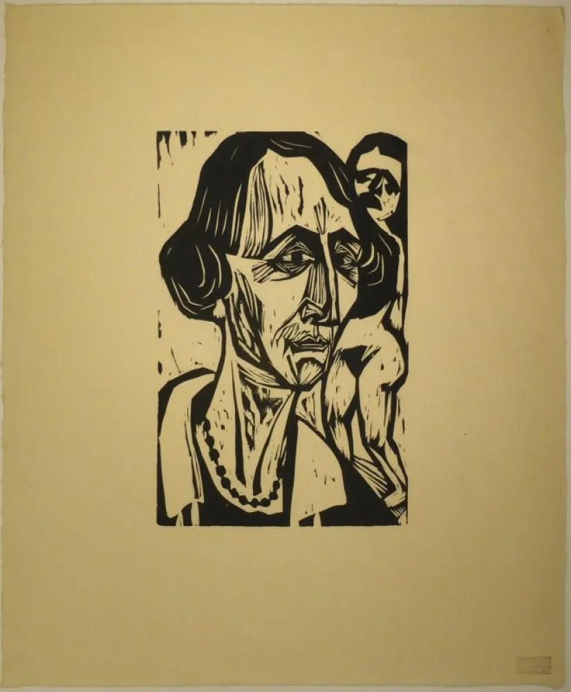 Grabado En Madera Scherer - Frauenkopf mit Akt