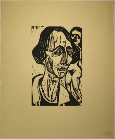 Grabado En Madera Scherer - Frauenkopf mit Akt