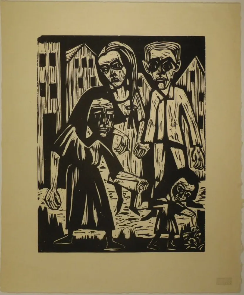 Grabado En Madera Scherer - Vier Figuren vor Häusern