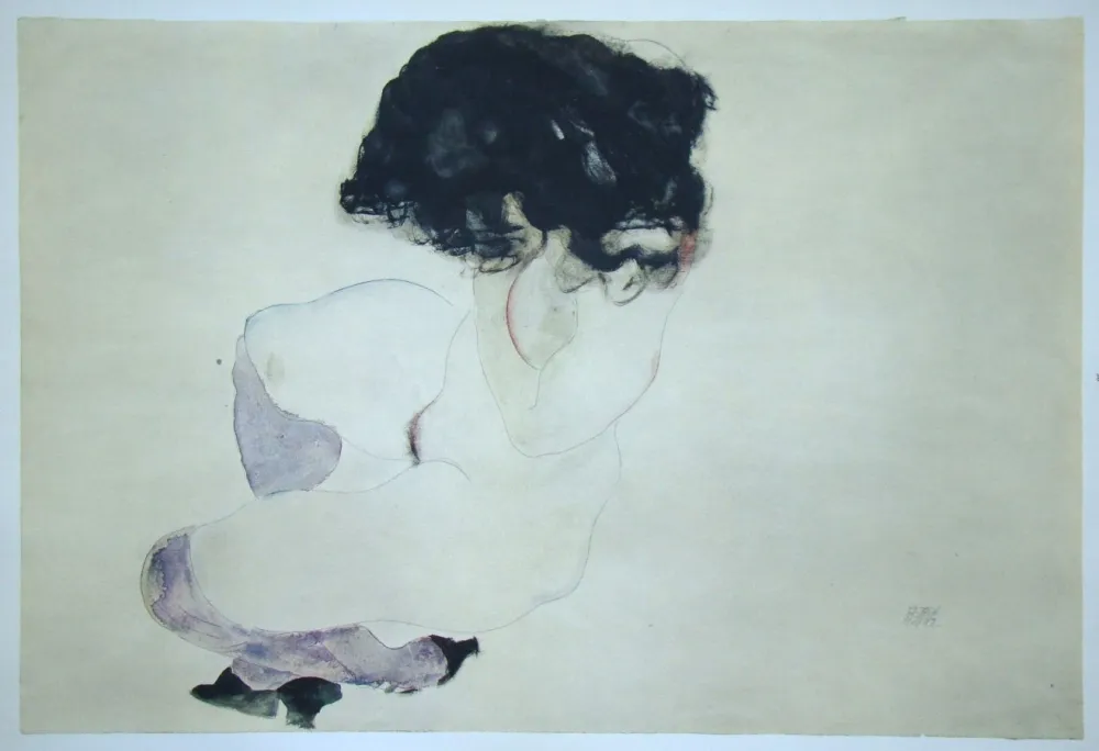 Serigrafía Schiele (After) - Weiblicher Akt mit violetten Strümpfen