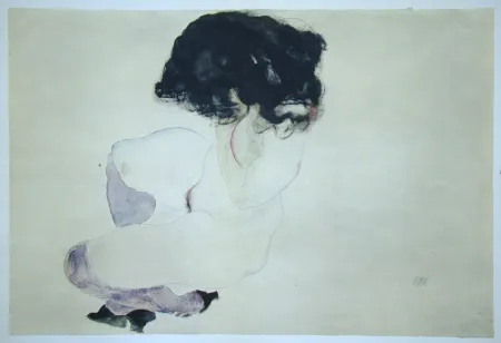 Serigrafía Schiele (After) - Weiblicher Akt mit violetten Strümpfen