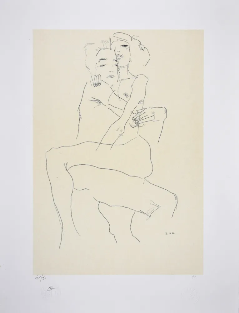 Litografía Schiele - Couple enlacé / couple embracing - 1911