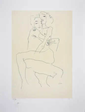 Litografía Schiele - Couple enlacé / couple embracing - 1911