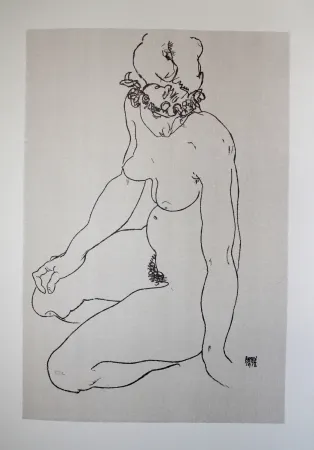 Litografía Schiele - LA  FILLE A GENOUX / THE GIRL ON THE KNEES (Edith Harms) - Lithographie / Lithograph - 1913