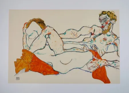 Litografía Schiele - LE DRAP ROUGE / THE RED SHEET - 1913