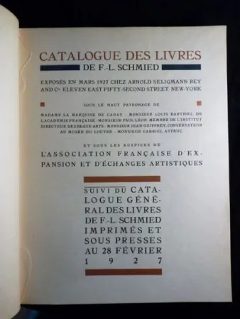 Libro Ilustrado Schmied - Francois-Louis Schmied: Peintre, Graveur et Imprimeur. Catalogue des livres de F.-L. Schmied exposés en mars 1927.suivi du catalogue général des livres de F.-L. Schmied imprimés et sous presses au 28 février 1927