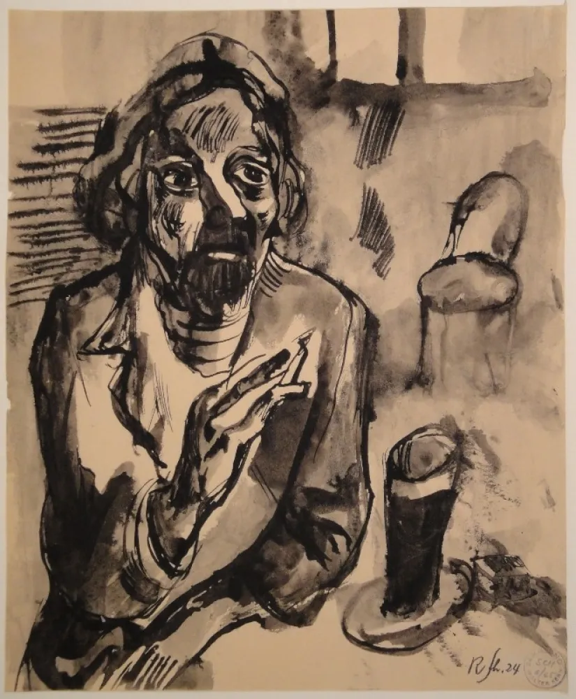 Sin Técnico Schürch - Männliches Porträt (Selbstporträt) mit Glas und Stuhl