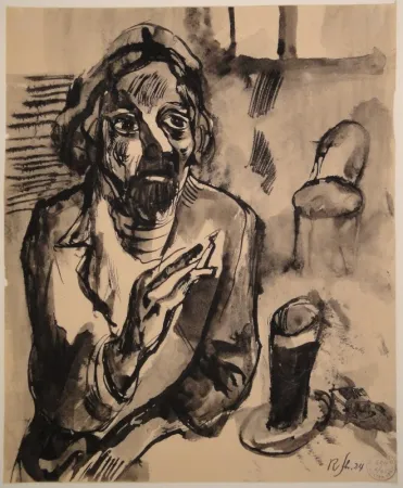 Sin Técnico Schürch - Männliches Porträt (Selbstporträt) mit Glas und Stuhl