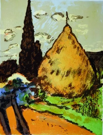 Litografía Soffici - Cipressi e pagliaio