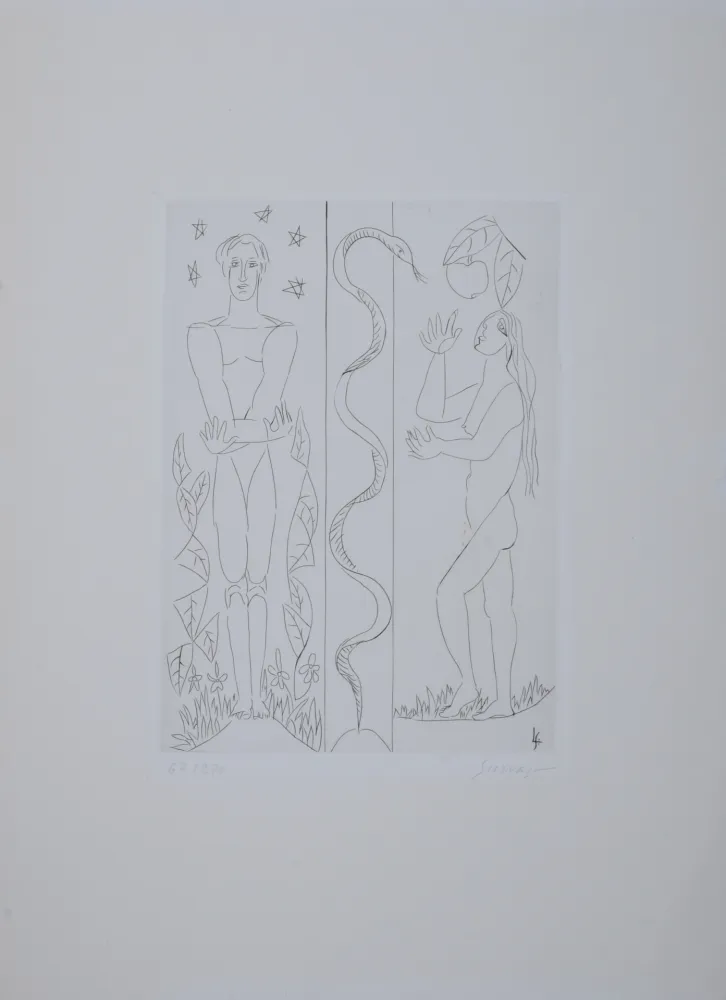 Grabado Survage - Jardin d'Eden : Adam et Eve, vers 1930 - Hand-signed