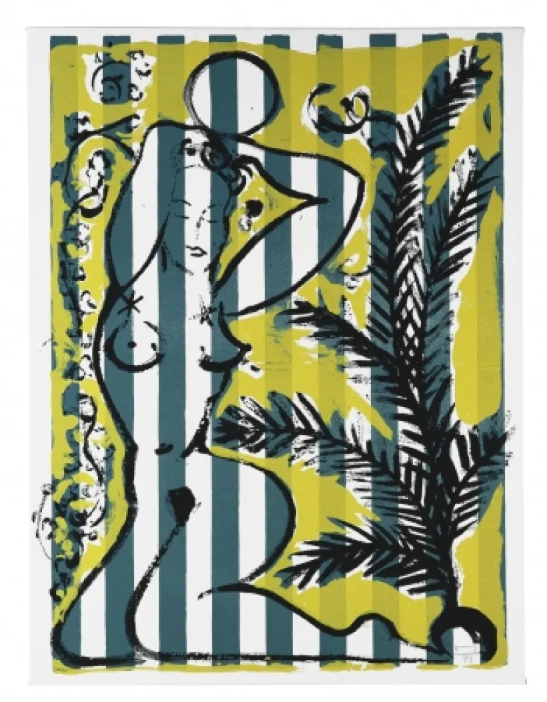 Serigrafía Szczesny - Nude with Palms on Green Stripes