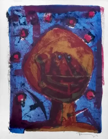 Litografía Tamayo - Cabeza con pajaros (1958