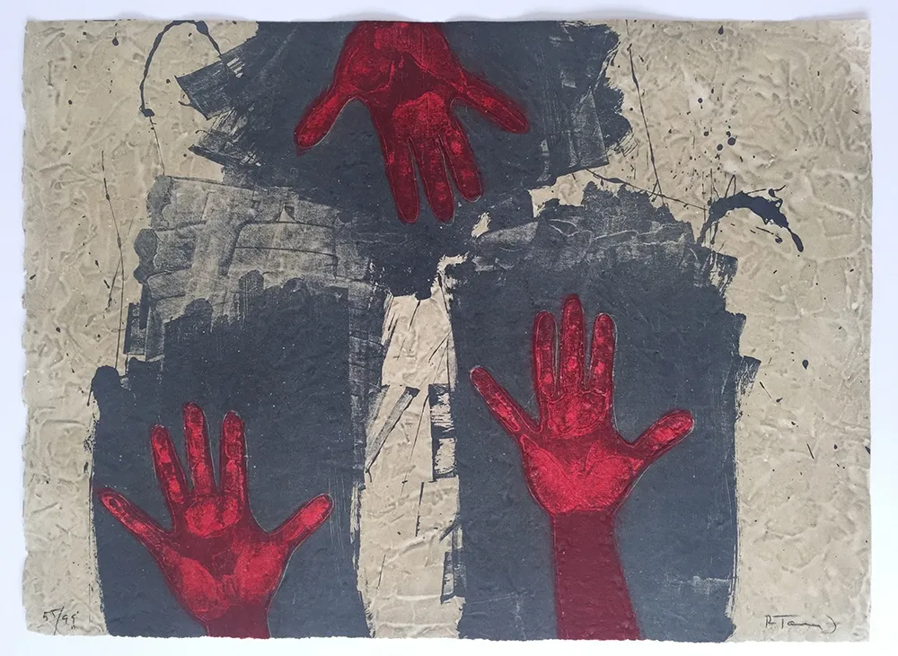 Grabado Tamayo - Manos Sobre Fondo Azul