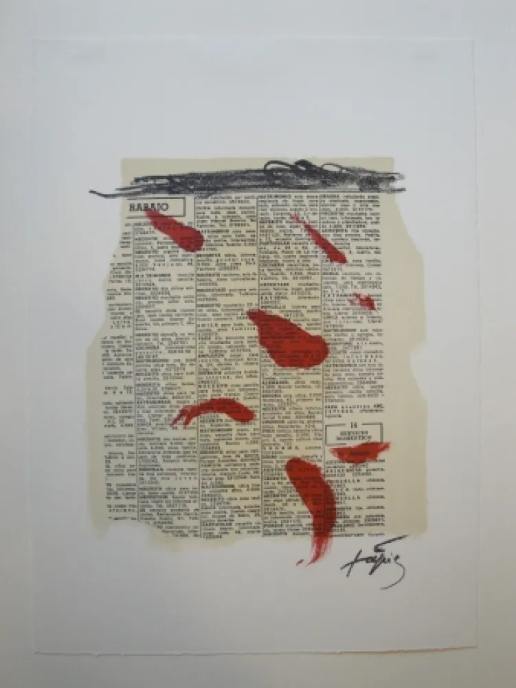 Litografía Tàpies - Rouge sur papier journal