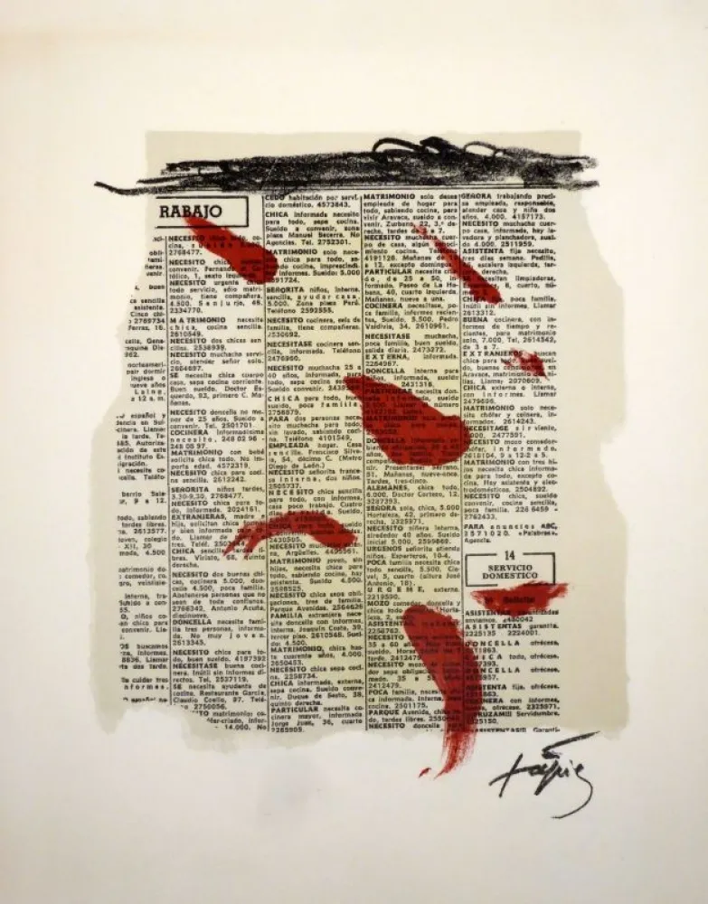 Litografía Tàpies - Rouge sur papier journal
