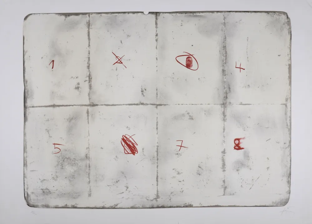 Litografía Tàpies - Toile pliée et chiffres, 1974 - Hand-signed