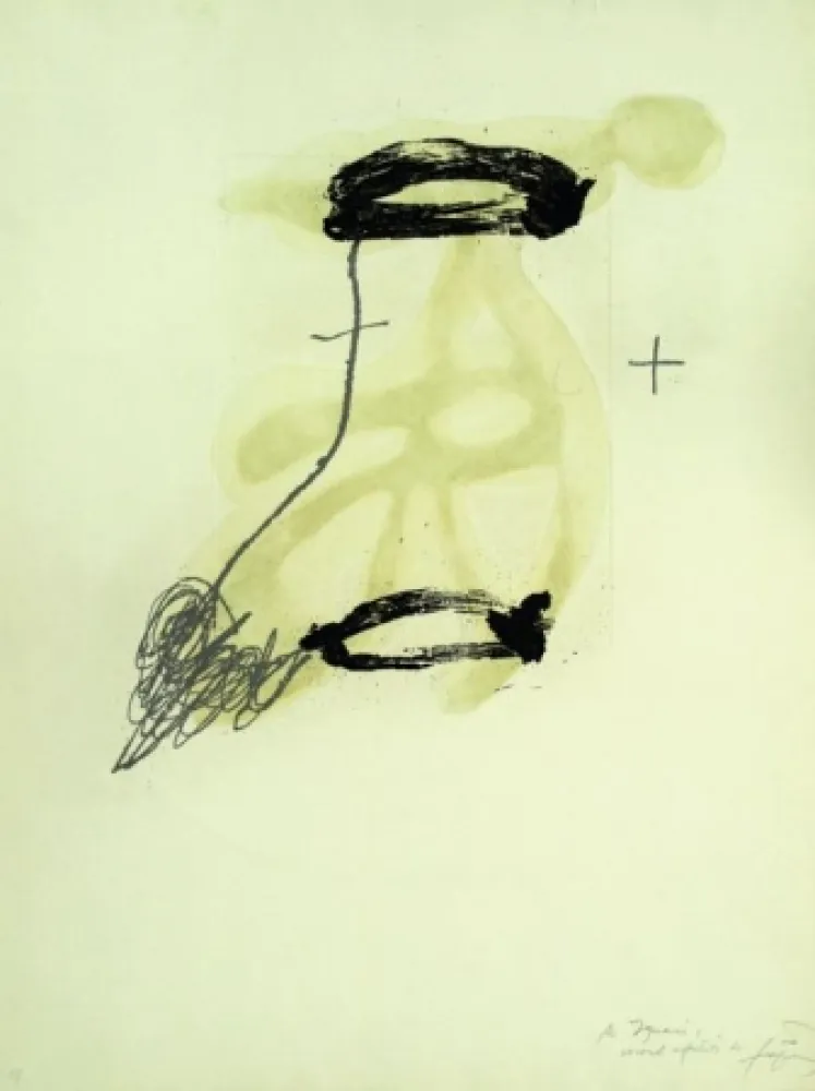 Aguafuerte Tàpies - UN FRAGMENT DE STATUE DANS L’HERBE D’UN ENCLOS ENCORE DÉSERT