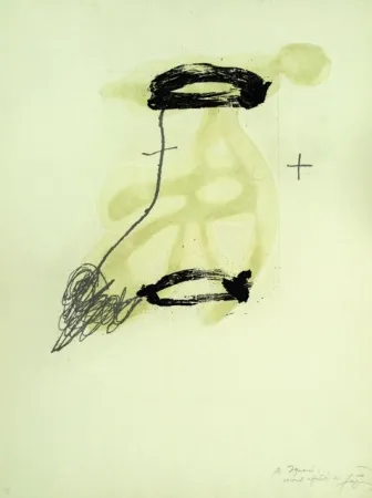 Aguafuerte Tàpies - UN FRAGMENT DE STATUE DANS L’HERBE D’UN ENCLOS ENCORE DÉSERT