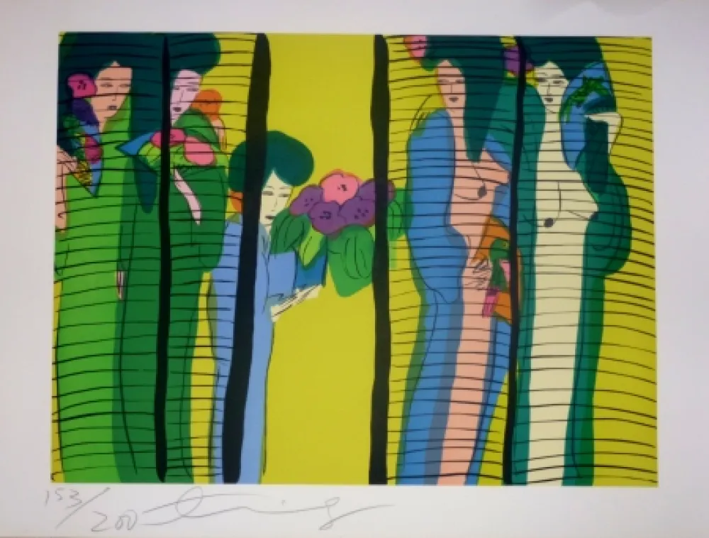 Litografía Ting - Geishas et fleurs